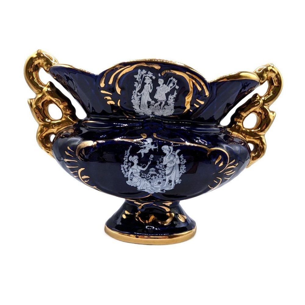 Vintage Mid Century Modern Italian  Blue Gold Porcelain Bowl 7" Tall